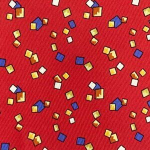 FUN HERMES NECKTIE - CHERRY RED w FUN BLUE GOLD WHITE MODERN ART CONFETTI XL
